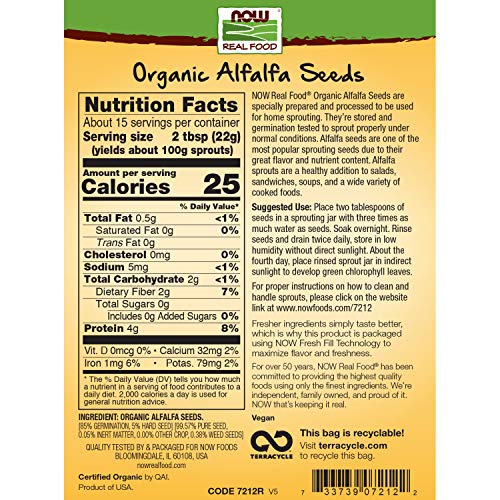NOW Natural Foods, Organic Alfalfa Seeds For Sprouting, Grown in ...
