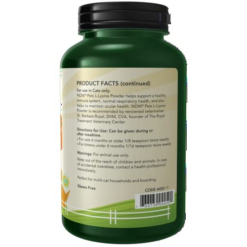 NOW Pet Health, L-Lysine Supplement, Powder, Formulated for Cats,...