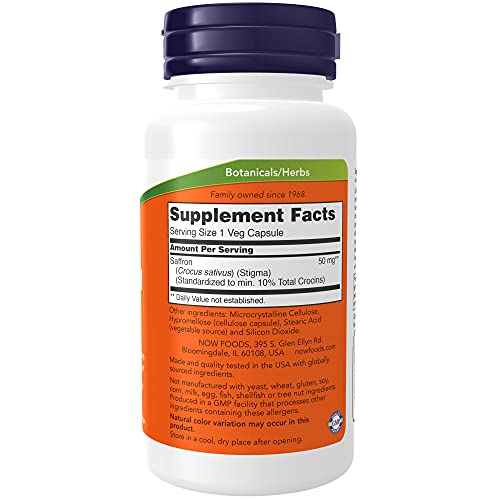 NOW Supplements, Saffron Whole Herb 50 mg with 10% Crocins, 60 Ve...
