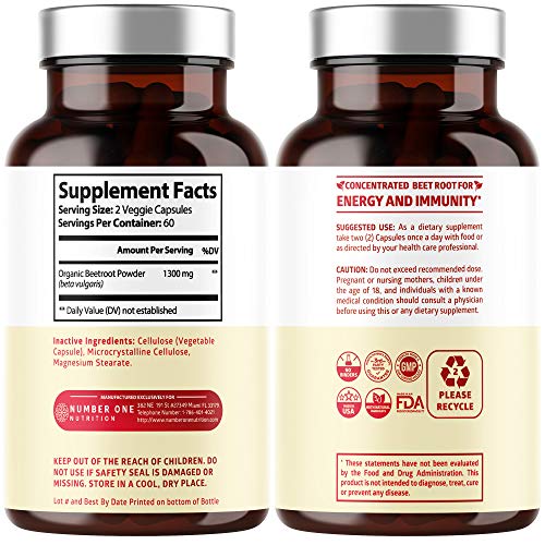 N1N Premium Organic Beet Root Capsules 1300mg, 120 Veg Caps Non-...