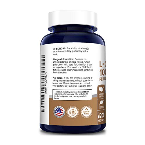 L-Glutamine 1000mg 200 Capsules Vegetarian, Natural, Non-GMO & G...