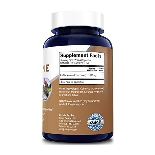 L-Glutamine 1000mg 200 Capsules Vegetarian, Natural, Non-GMO & G...