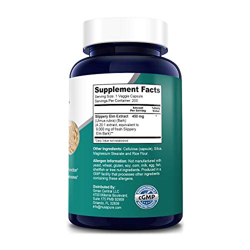 Slippery Elm Bark Extract 9000 mg 200 Veggie Capsules Extract 20...