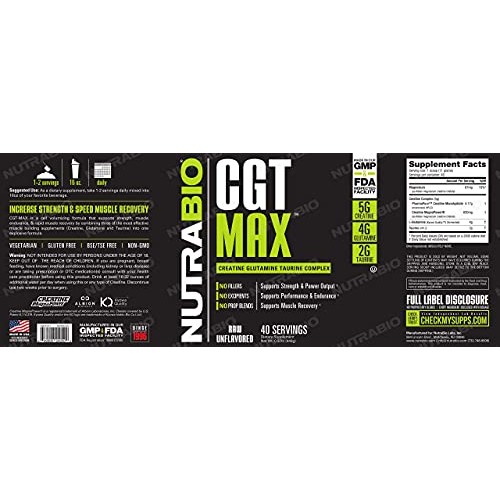 NutraBio CGT-MAX Powder- Creatine, Glutamine and Taurine to Suppo...
