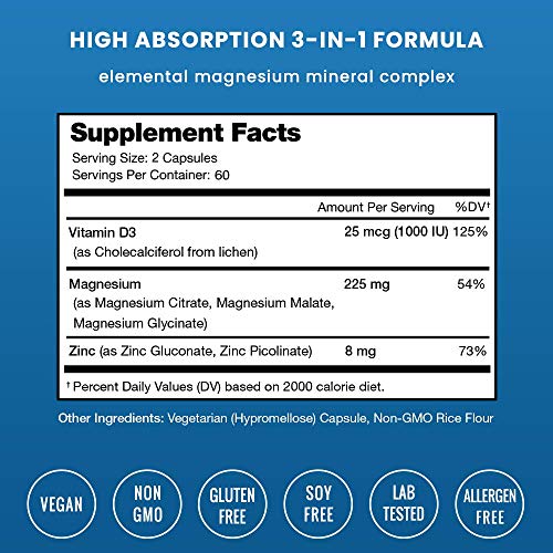 Magnesium Zinc & Vitamin D3 Supplement - Most Bioavailable Forms;...