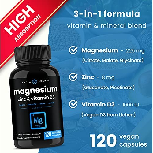 Magnesium Zinc & Vitamin D3 Supplement - Most Bioavailable Forms;...