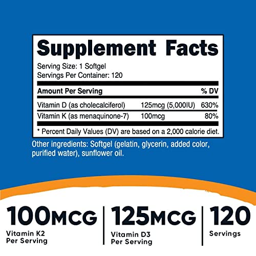 Nutricost Vitamin K2 MK7 100mcg + Vitamin D3 5000 IU 120 So...