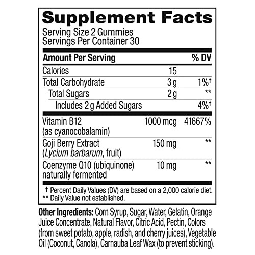 OLLY Extra Strength Daily Energy Gummy, Caffeine Free, 1000mcg Vi...