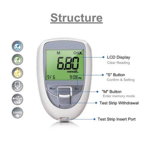 3in1 Blood Glucose&Uric Acid&Cholesterol Meter Household Glucomet...