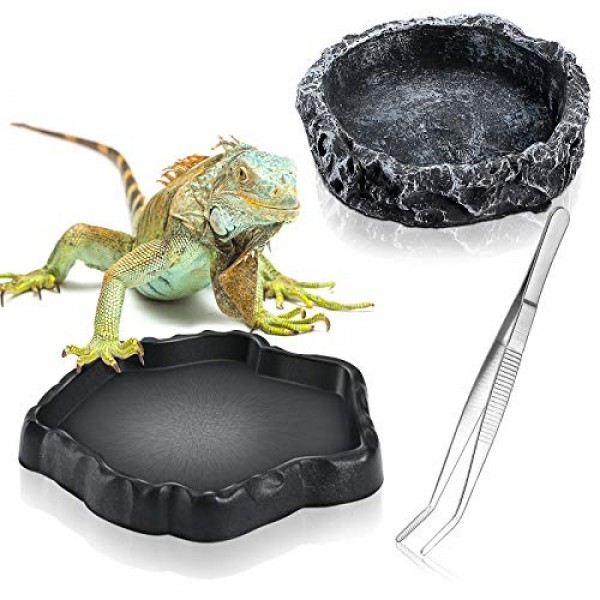 3 Pieces Reptile Water Dish Food Bowl Set Includes 2 Resin Reptil...