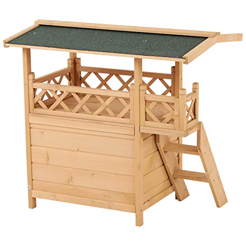 PawHut 2-Story Indoor/Outdoor Wood Cat House Shelter with Roof
