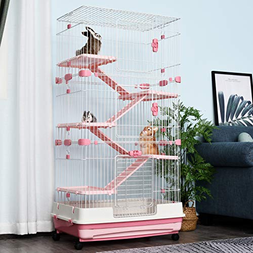 PawHut 57 H 6-Level Indoor Small Animal Cage Rabbit Hutch with W...