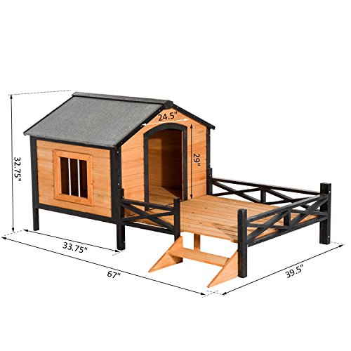 PawHut 67 Large Wooden Cabin Style Elevated Outdoor Dog House wi...
