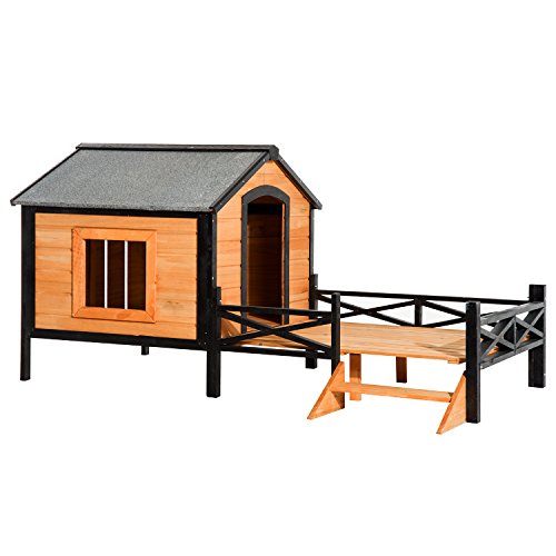 PawHut 67 Large Wooden Cabin Style Elevated Outdoor Dog House wi...