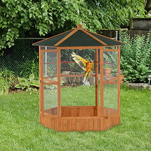 PawHut 69 Large Wooden Hexagonal Outdoor Aviary Flight Bird Cage...