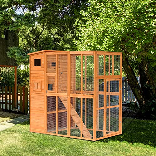 PawHut Large Wooden Outdoor Cat House with Large Run for Play, Ca...