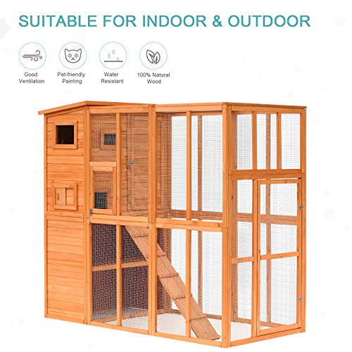 PawHut Large Wooden Outdoor Cat House with Large Run for Play, Ca...