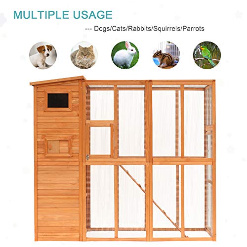 PawHut Large Wooden Outdoor Cat House with Large Run for Play, Ca...