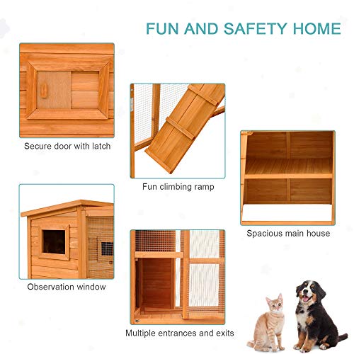 PawHut Large Wooden Outdoor Cat House with Large Run for Play, Ca...