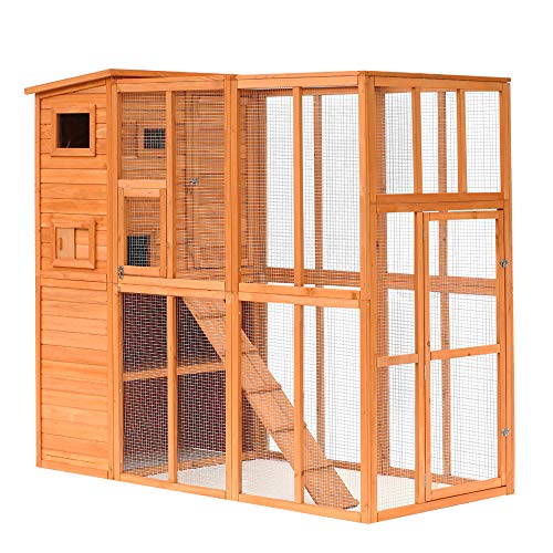 PawHut Large Wooden Outdoor Cat House with Large Run for Play, Ca...