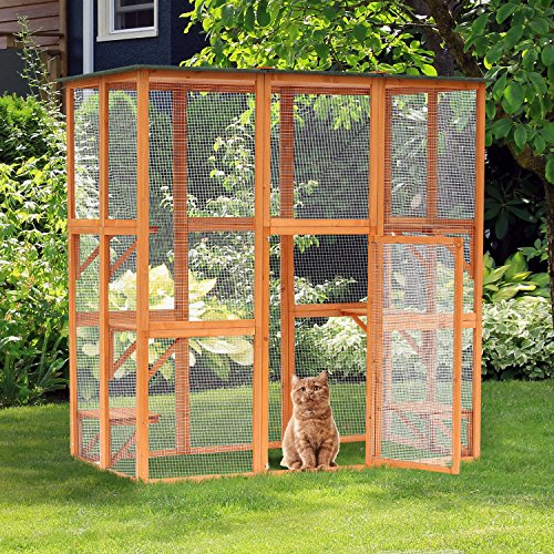 PawHut Large Wooden Outdoor Catio Enclosure with Weather Protecti...