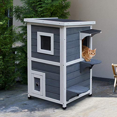 PawHut Solid Wood 2-Floor Cat Condo Kitten Shelter with Window