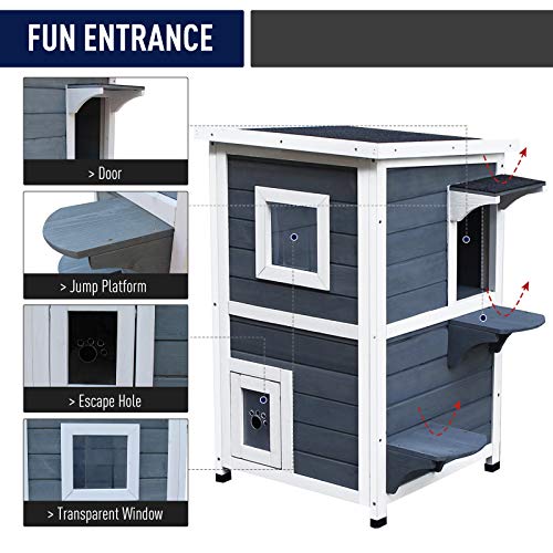 PawHut Solid Wood 2-Floor Cat Condo Kitten Shelter with Window