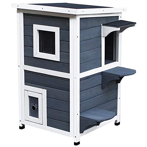 PawHut Solid Wood 2-Floor Cat Condo Kitten Shelter with Window
