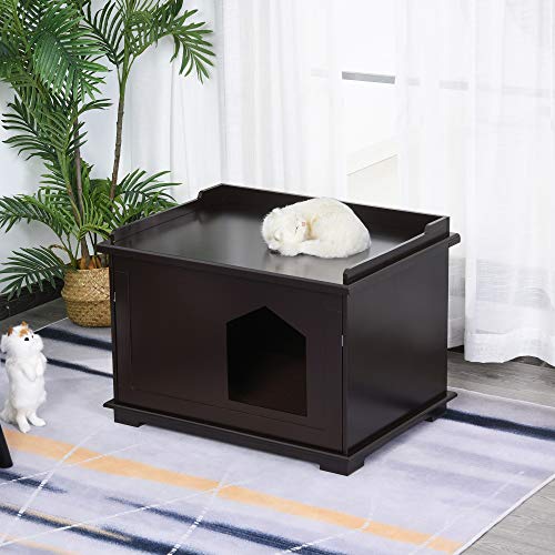 PawHut Wooden Cat Litter Box Covered Mess Free End Table Hideaway...