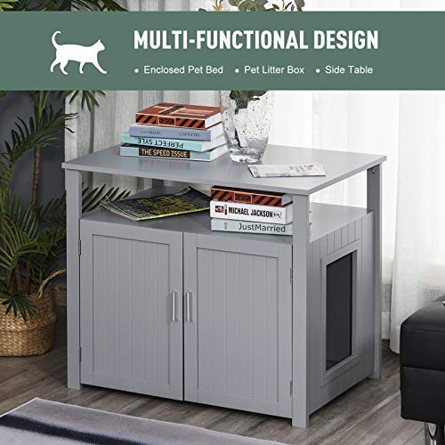 PawHut Wooden Cat Litter Box Enclosure Furniture with Adjustable ...