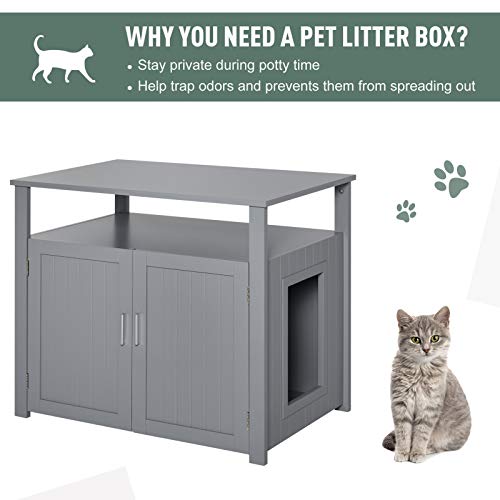 PawHut Wooden Cat Litter Box Enclosure Furniture with Adjustable ...