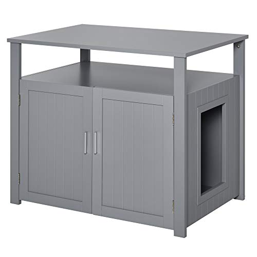 PawHut Wooden Cat Litter Box Enclosure Furniture with Adjustable ...