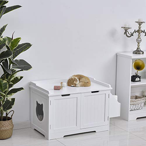 PawHut Wooden Cat Litter Box Enclosure Kitten House with Nightsta...