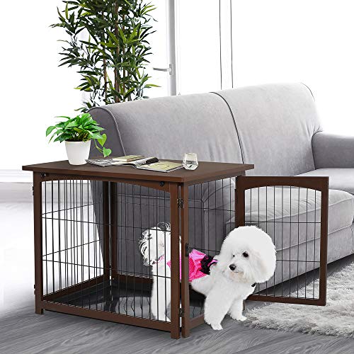 PawHut Wooden Decorative Dog Cage Pet Crate with Fence Side Table...