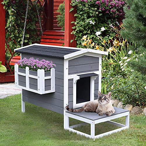 PawHut Wooden Large Deluxe Elevated Indoor Outdoor Cat House with...
