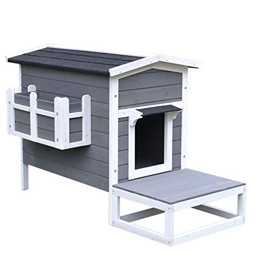 PawHut Wooden Large Deluxe Elevated Indoor Outdoor Cat House with...