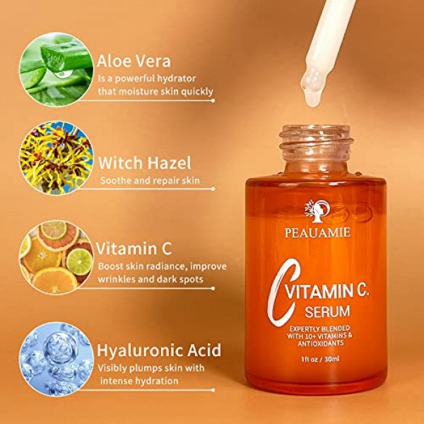 Peauamie Vitamin C Serum for Face Anti Aging Serum with 2% Hyalur...