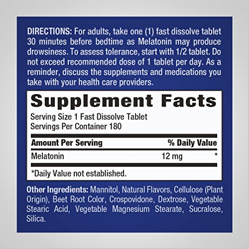 Piping Rock Melatonin Fast Dissolve 12 mg | 180 Tablets | Berry F...