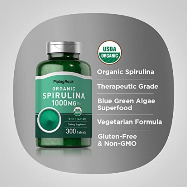 Piping Rock Organic Spirulina Tablets 1000 mg | 300 Pills | Veget...