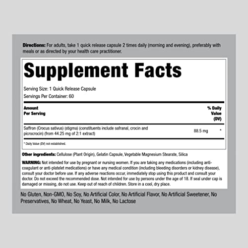 Piping Rock Saffron Extract Supplements | 60 Capsules | Non-GMO, ...