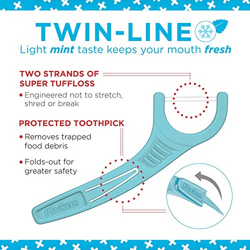 Plackers TwinLine Dental Floss Picks, Green, Mint, 75 Count