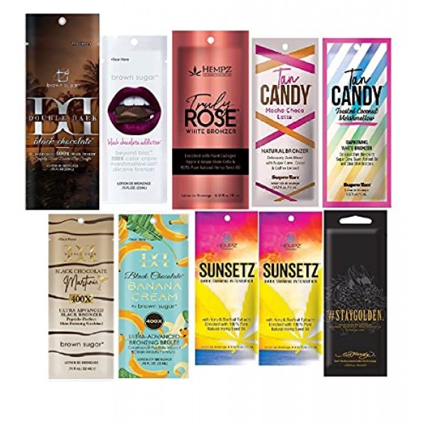 10 New Tanning Lotion Sample Packets - Major Brands Bronzer & Int...
