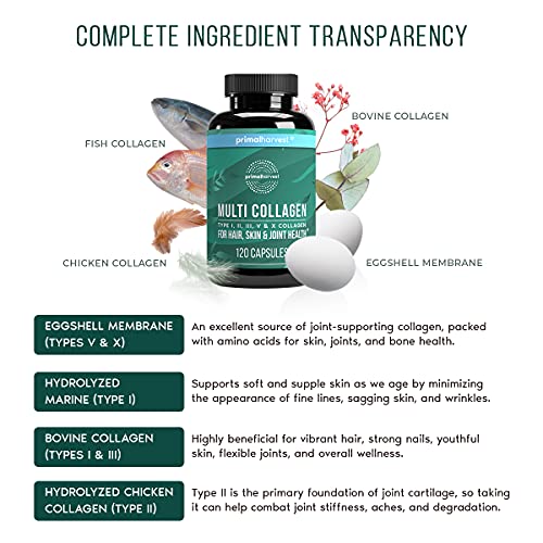 Multi Collagen Pills for Women and Men by Primal Harvest Type I,...