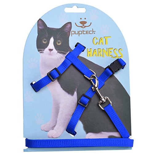 Adjustable Cat Harness Nylon Strap Collar with Leash Blue PUPTECK
