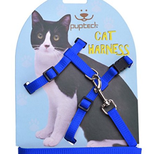 Adjustable Cat Harness Nylon Strap Collar with Leash Blue PUPTECK