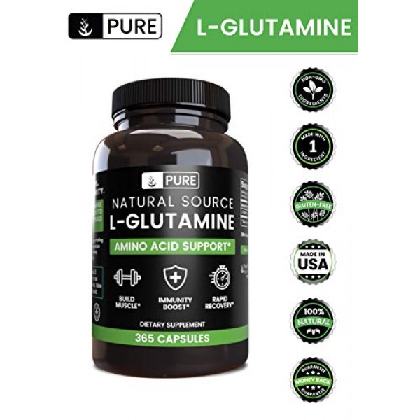 100% Pure L-Glutamine, 365 Capsules, 6-Month Supply, No Magnesium...