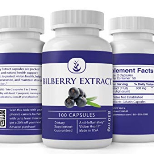 Bilberry Extract 100 Capsules Natural Extract, Blood Sugar & Ci...
