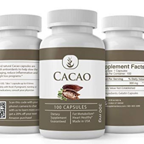 Cacao Cocoa Powder 100 Capsules Cardiovascular Health, Antio...