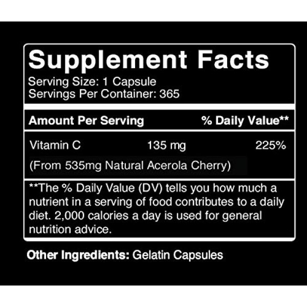 Natural Vitamin C from Acerola Cherry 365 Capsules No Synthetic...