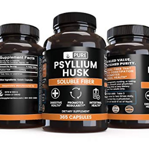 Psyllium Husk 365 Capsules No Stearates or Rice Fillers, Gluten...